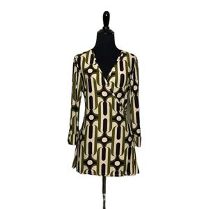Helena Hart cream green black 3/4 sleeves vintage retro wrap blouse size 2
